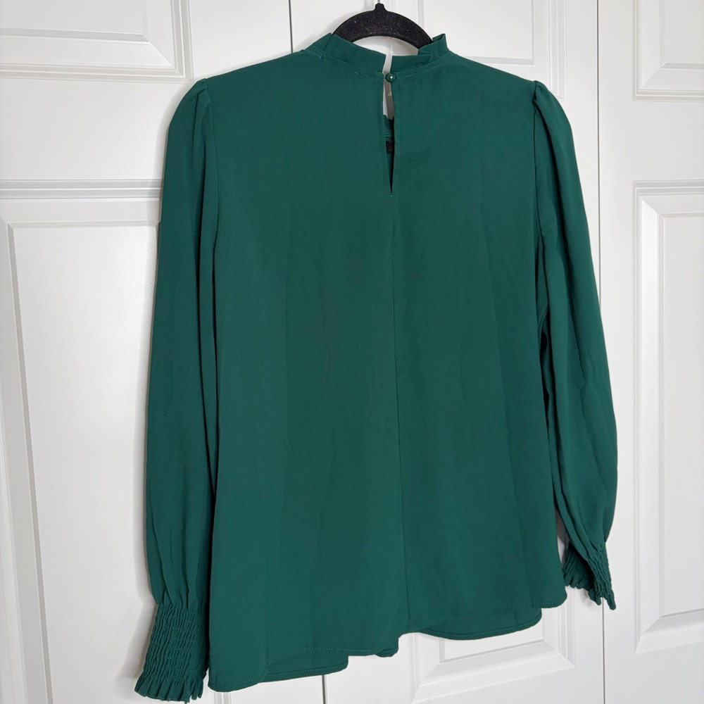 Grace Karin Emerald Green Ruffle Neck Blouse Small Smocked Cuff NWT - Picture 7 of 13